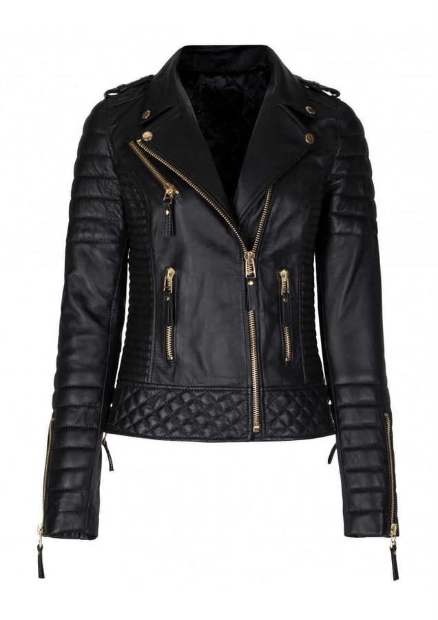 Illustration for article titled Black Women's Slim Fit Biker Diamond Quilted Kay Michaels Real Leather Jacket